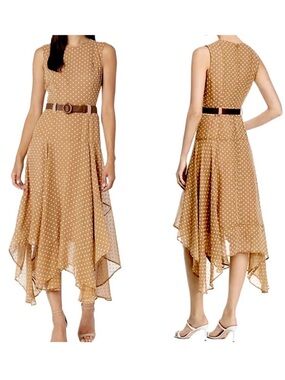 Calvin Klein Tan Polka Dot Belted Handkerchief Hem Midi Dress Size 14